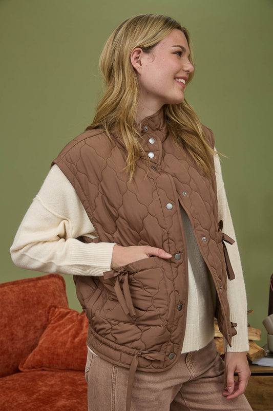 Tie Detail Snap Button Down Quilted Puffer Vest