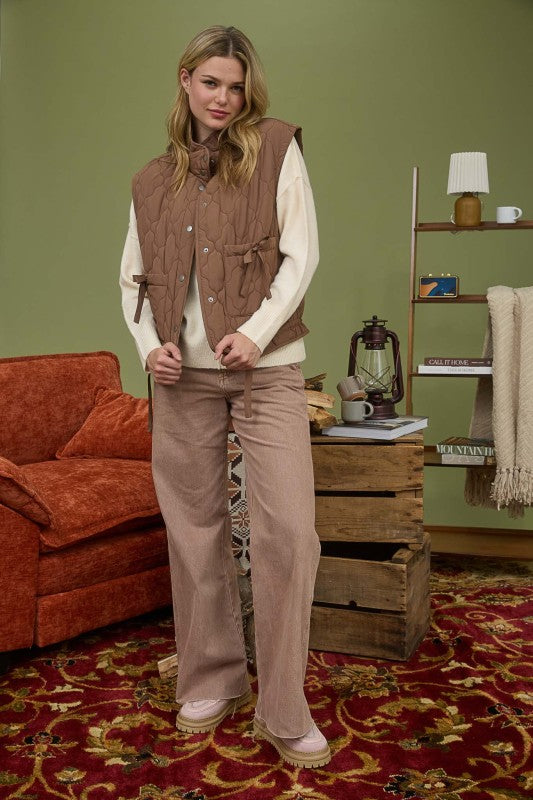 Tie Detail Snap Button Down Quilted Puffer Vest