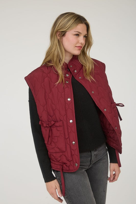 Tie Detail Snap Button Down Quilted Puffer Vest