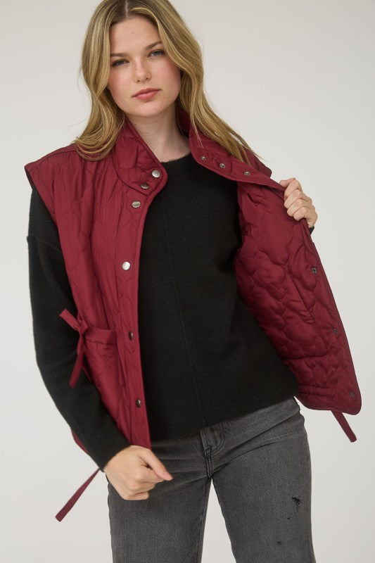 Tie Detail Snap Button Down Quilted Puffer Vest