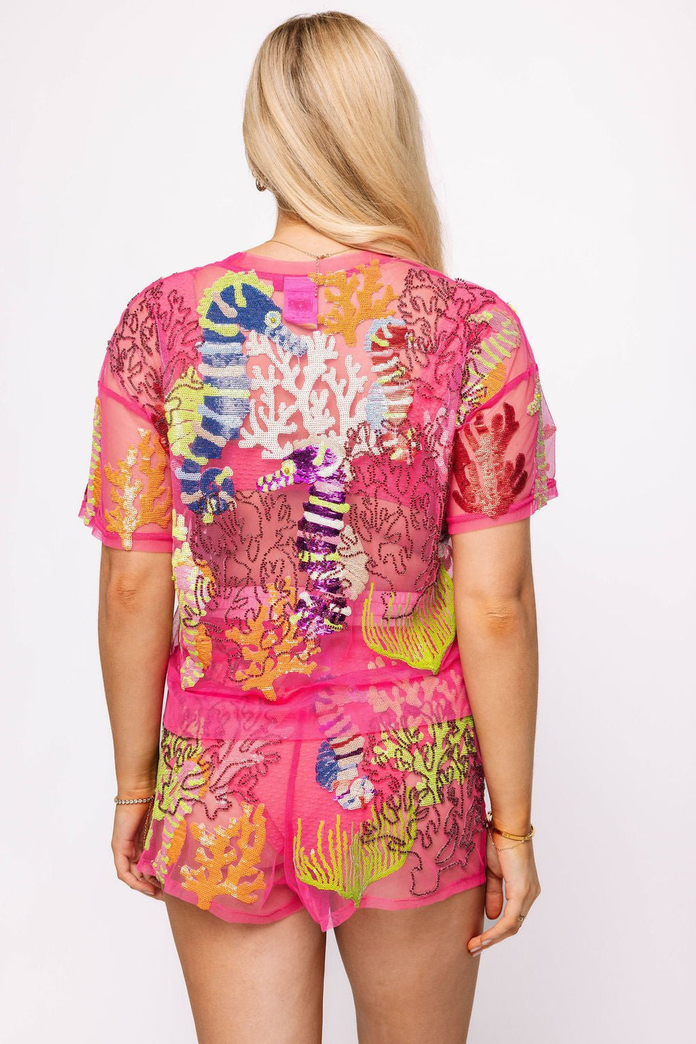 QUEEN OF SPARKLES • • PINK MULTI CORAL & SEAHORSE MESH TOP or SHORTS