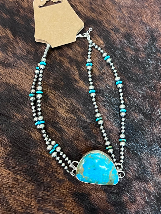 Double Strand Sterling Silver & Turquoise Choker - 13" + Extender - 6 mm Pearls