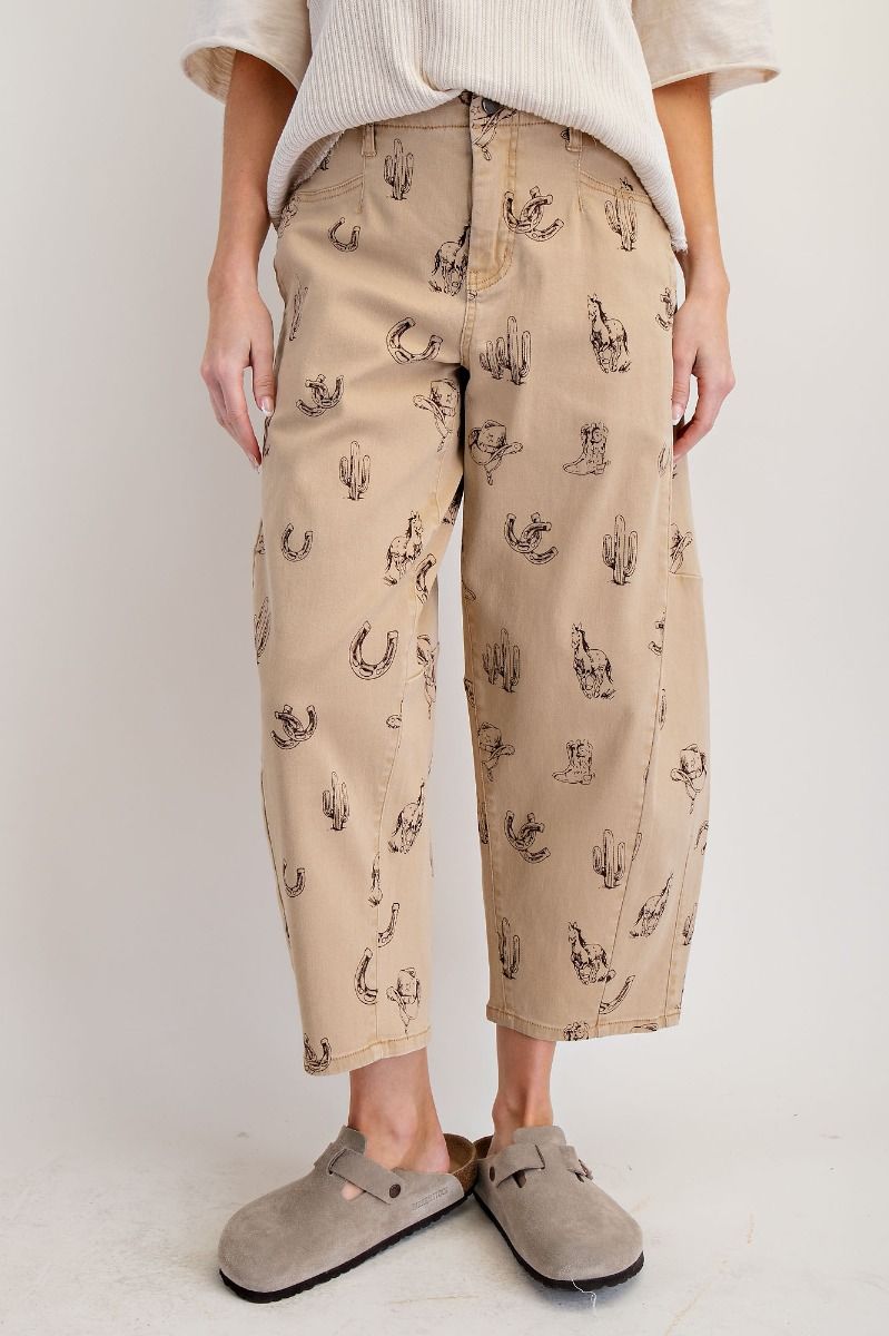 WESTERN PRINTED WASHED
TWILL BARREL PANTS