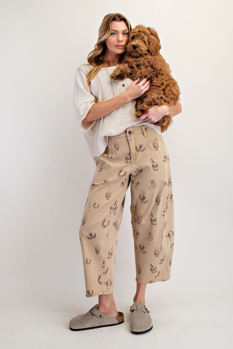 WESTERN PRINTED WASHED
TWILL BARREL PANTS