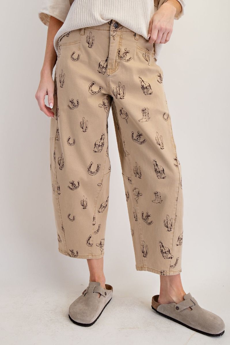 WESTERN PRINTED WASHED
TWILL BARREL PANTS