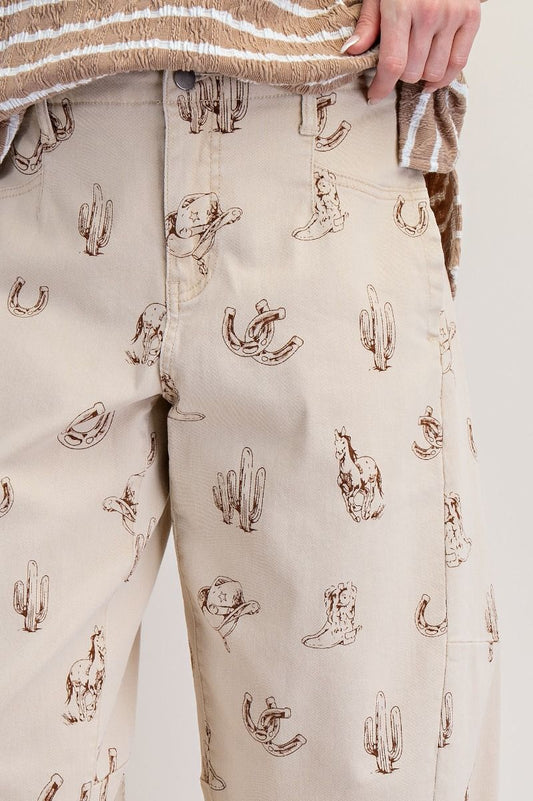 WESTERN PRINTED WASHED
TWILL BARREL PANTS