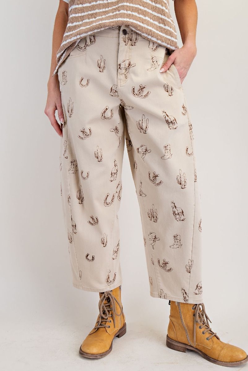 WESTERN PRINTED WASHED
TWILL BARREL PANTS
