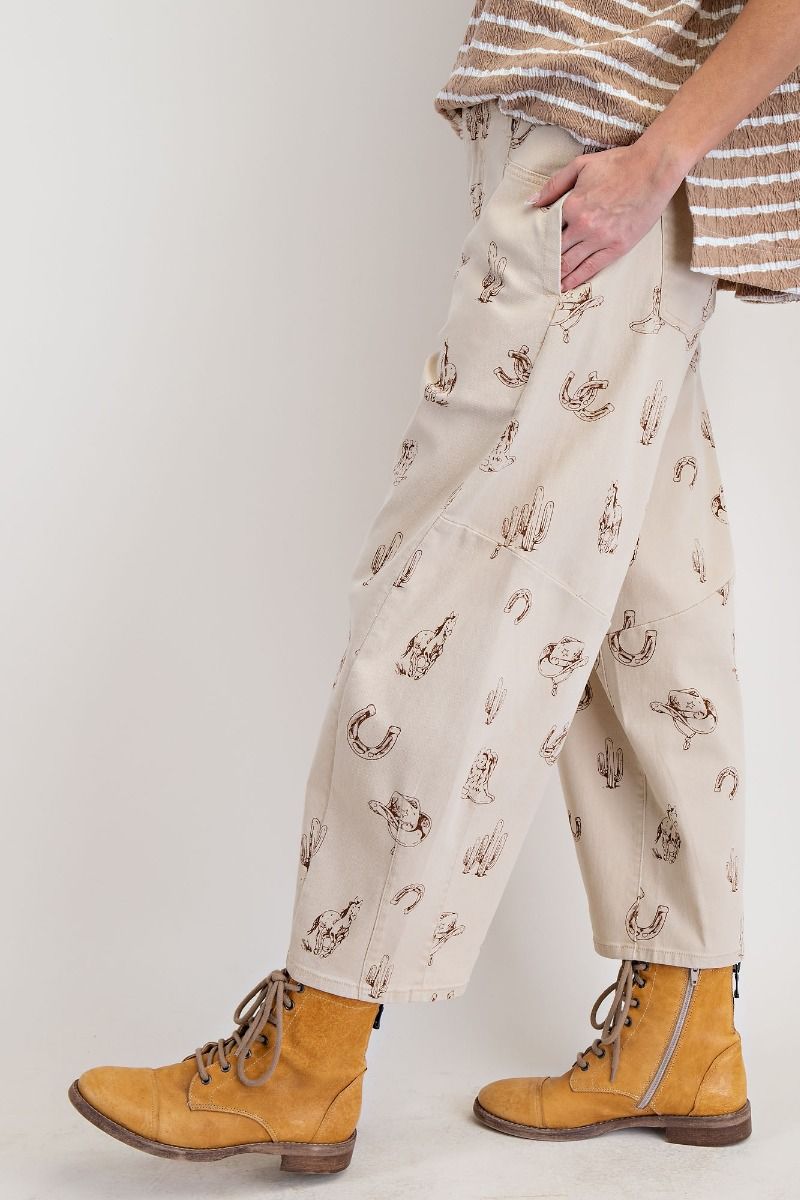 WESTERN PRINTED WASHED
TWILL BARREL PANTS