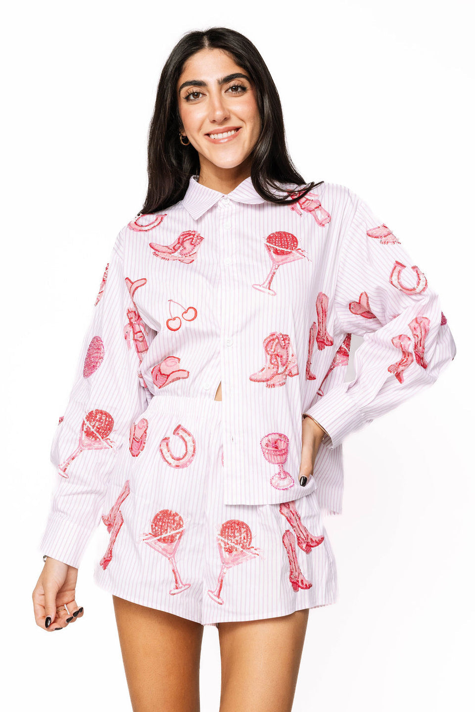 QueenOf Sparkles Striped Pink Disco Cowgirl Icon Collared Top