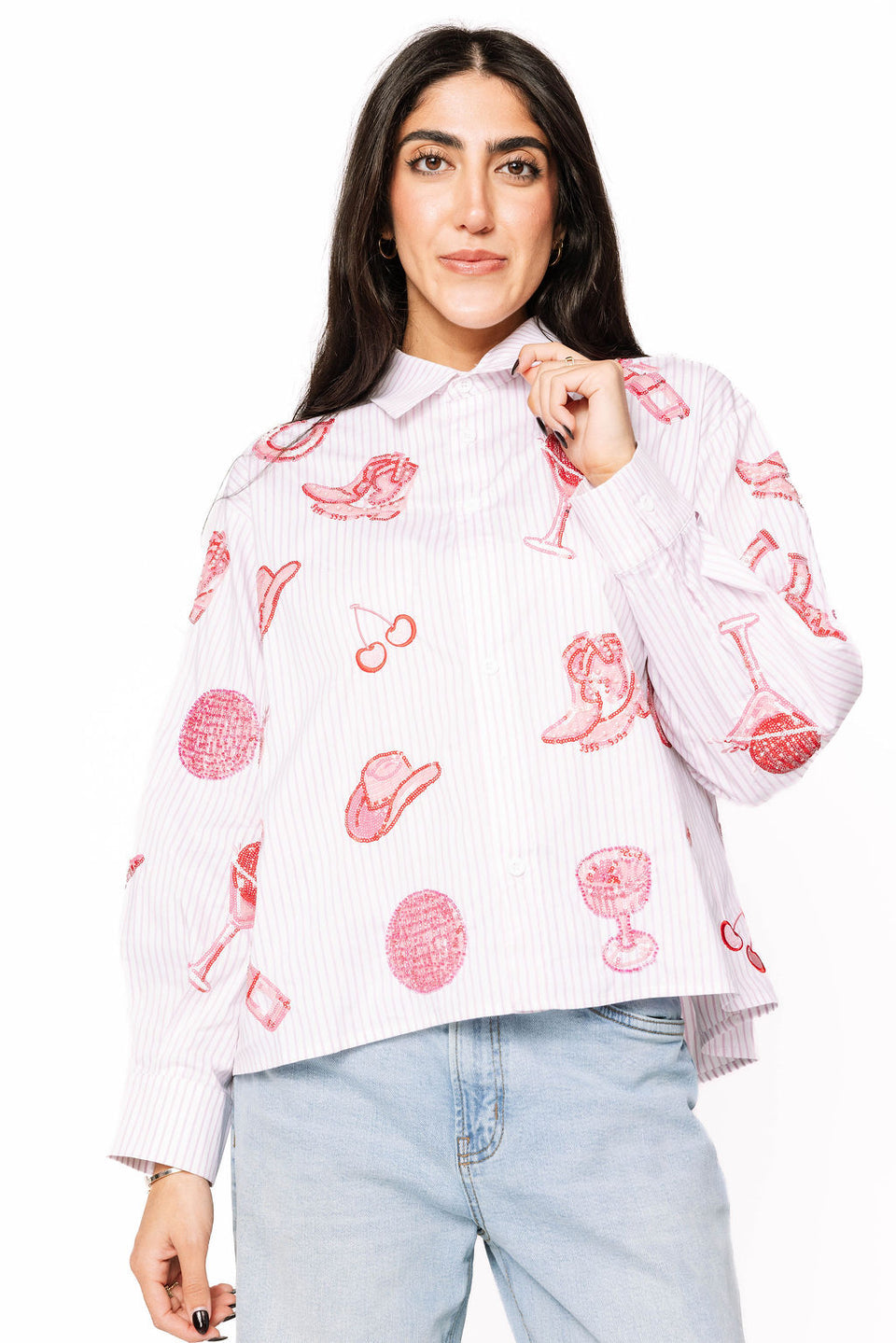 QueenOf Sparkles Striped Pink Disco Cowgirl Icon Collared Top