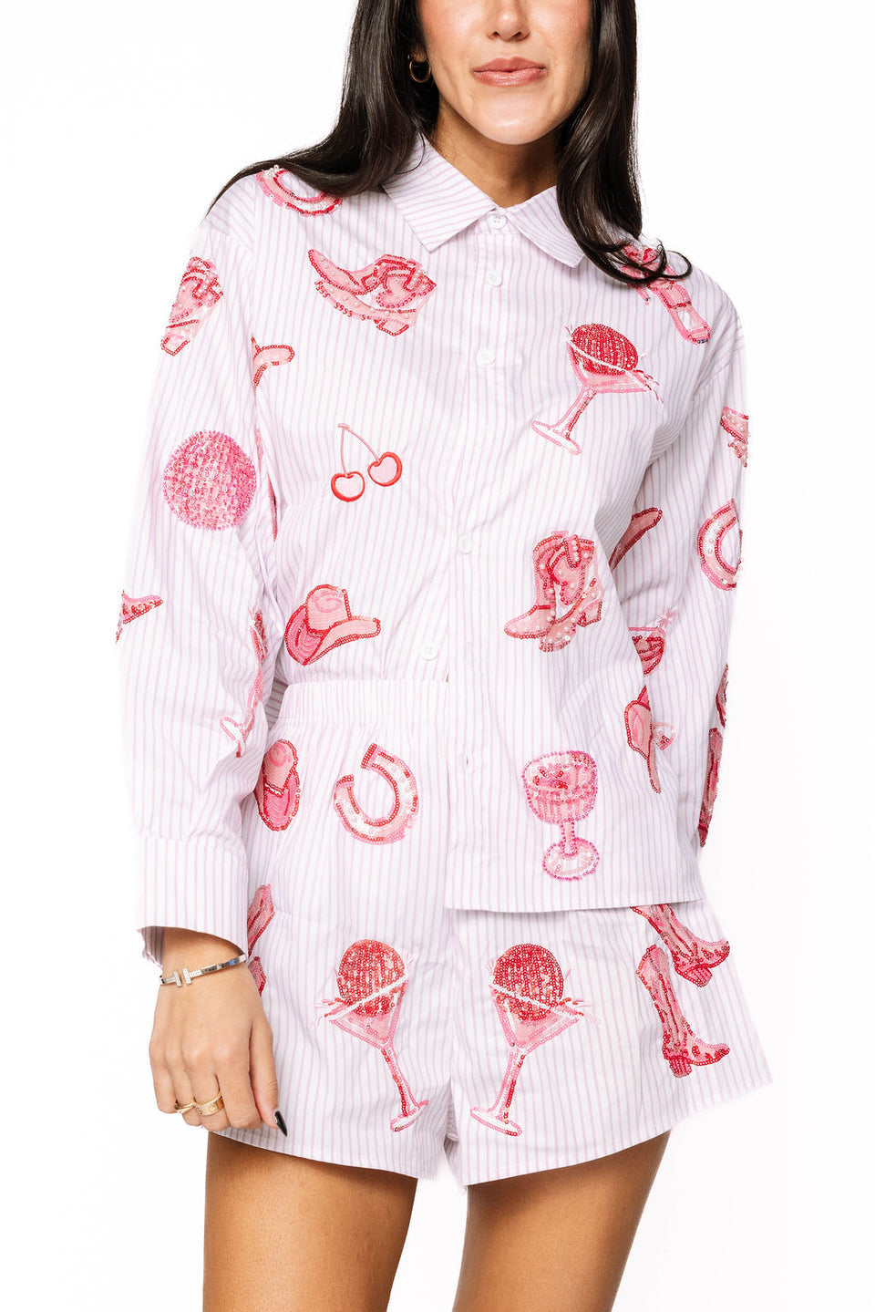 QueenOf Sparkles Striped Pink Disco Cowgirl Icon Collared Top