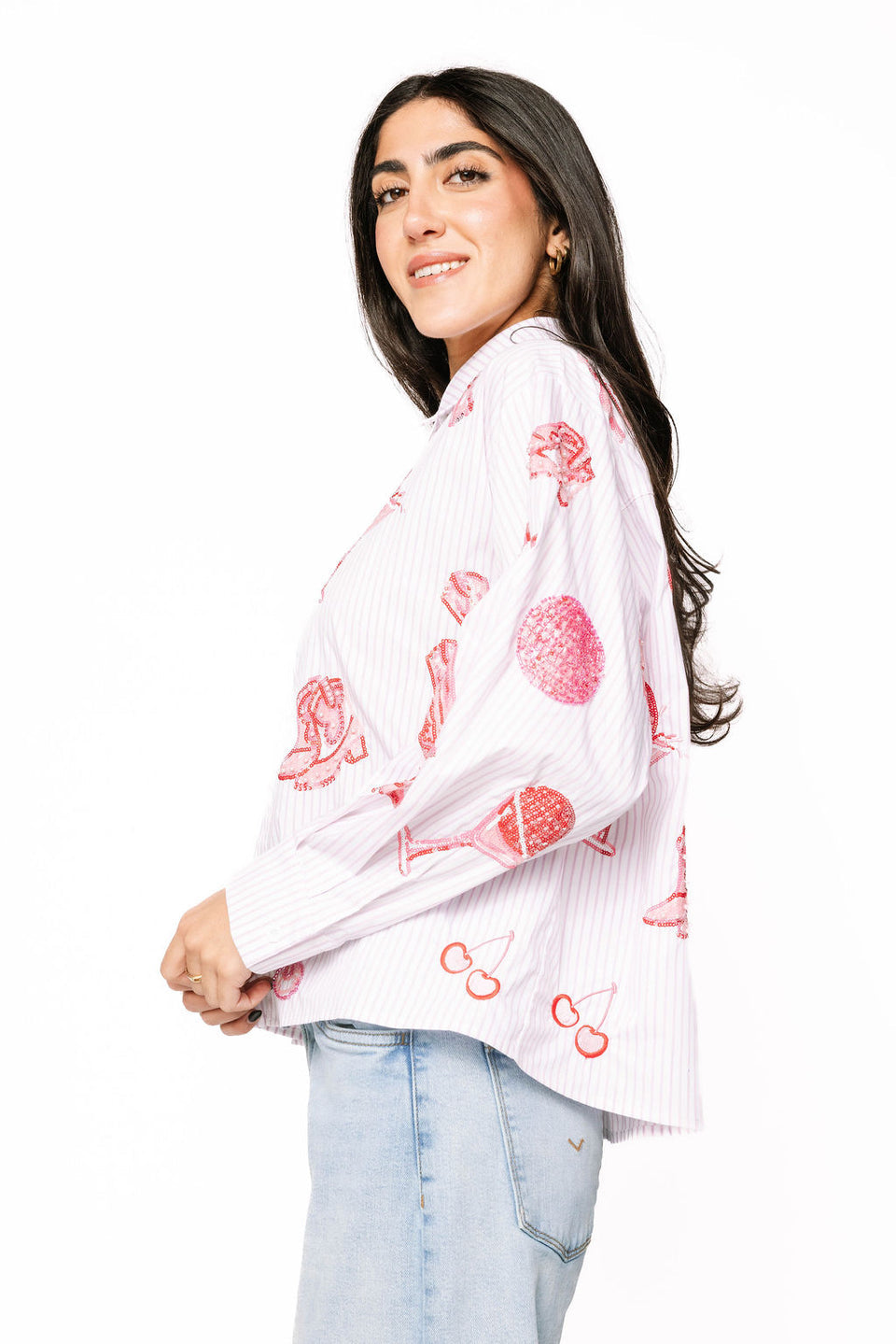 QueenOf Sparkles Striped Pink Disco Cowgirl Icon Collared Top