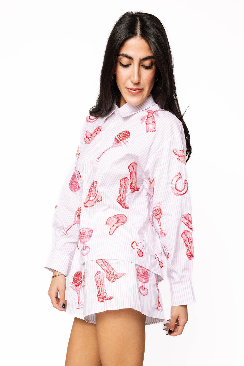 QueenOf Sparkles Striped Pink Disco Cowgirl Icon Collared Top