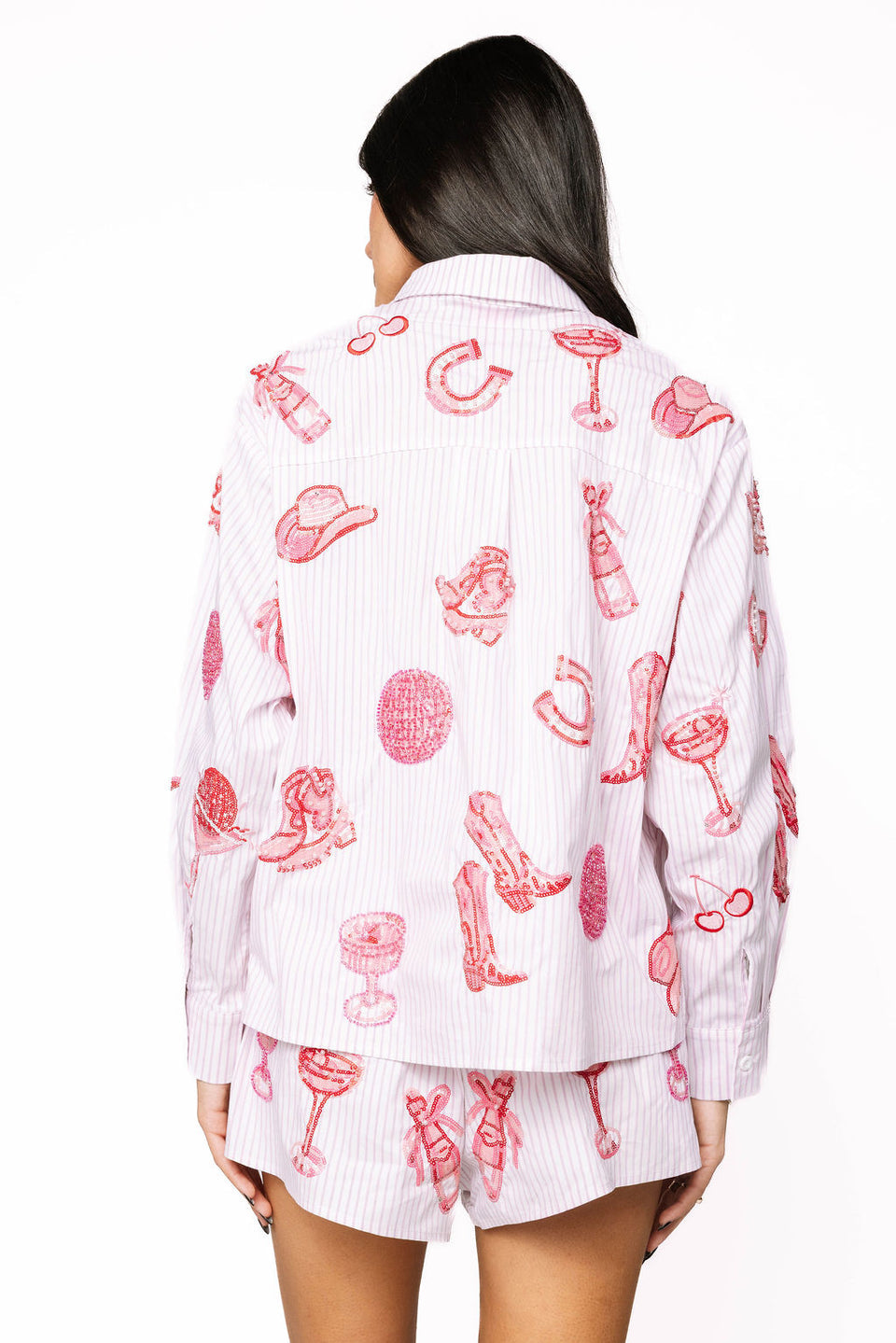 QueenOf Sparkles Striped Pink Disco Cowgirl Icon Collared Top