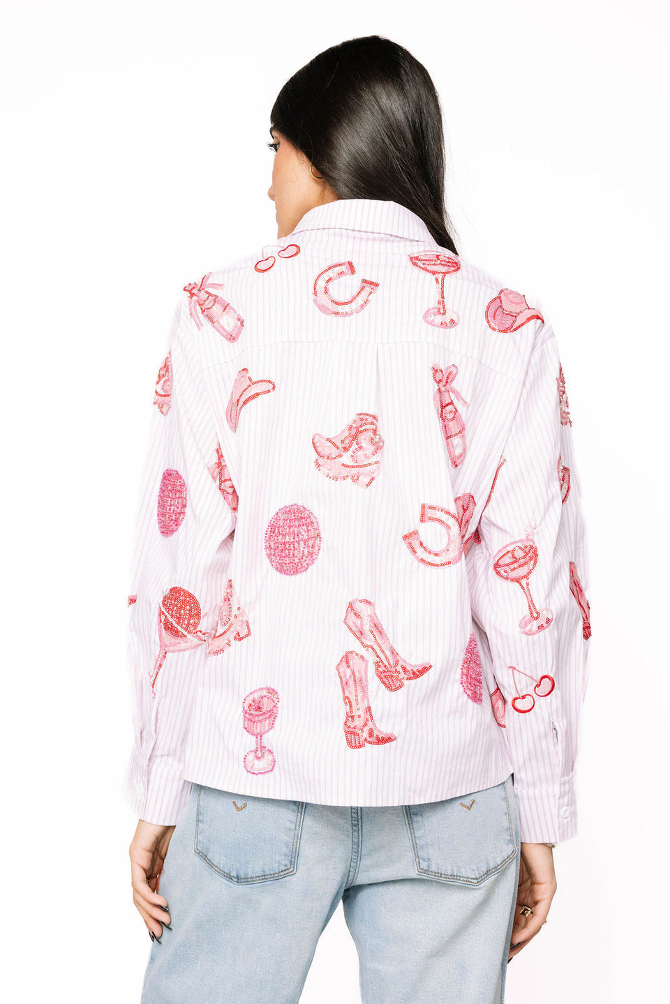 QueenOf Sparkles Striped Pink Disco Cowgirl Icon Collared Top