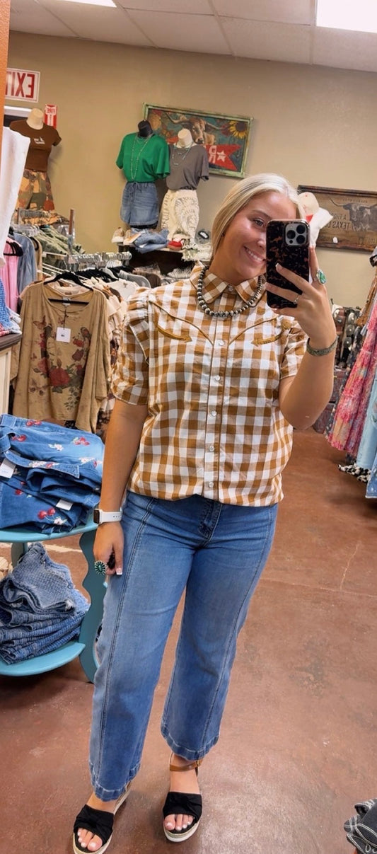 Brown Gingham Ruffle Pearl Snap