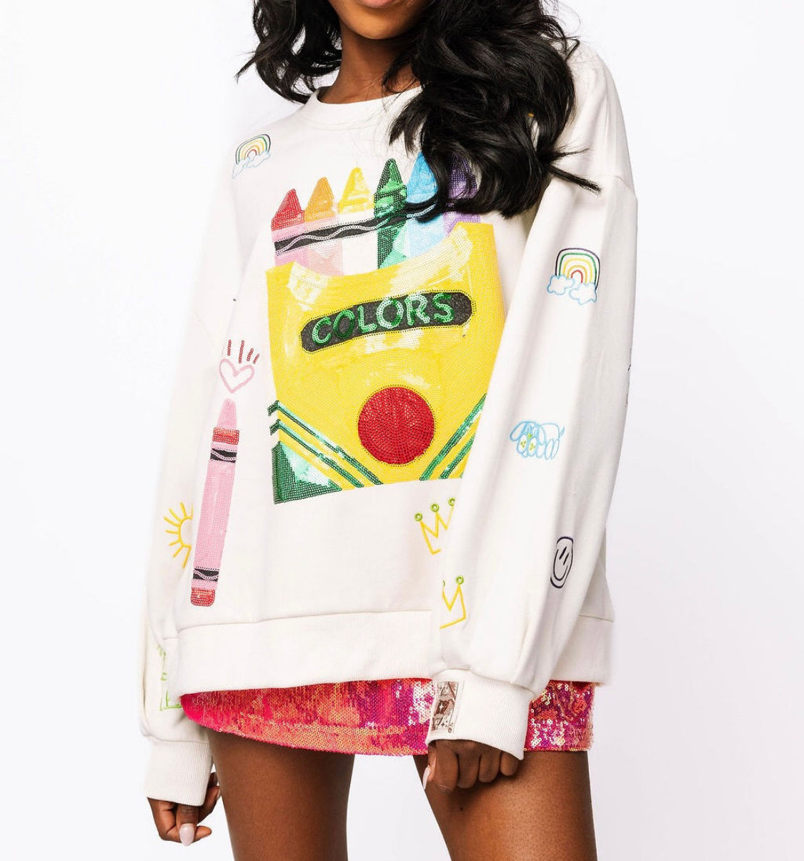 Queen Of Sparkles Beige Multi Crayon & Doodle Sweatshirt