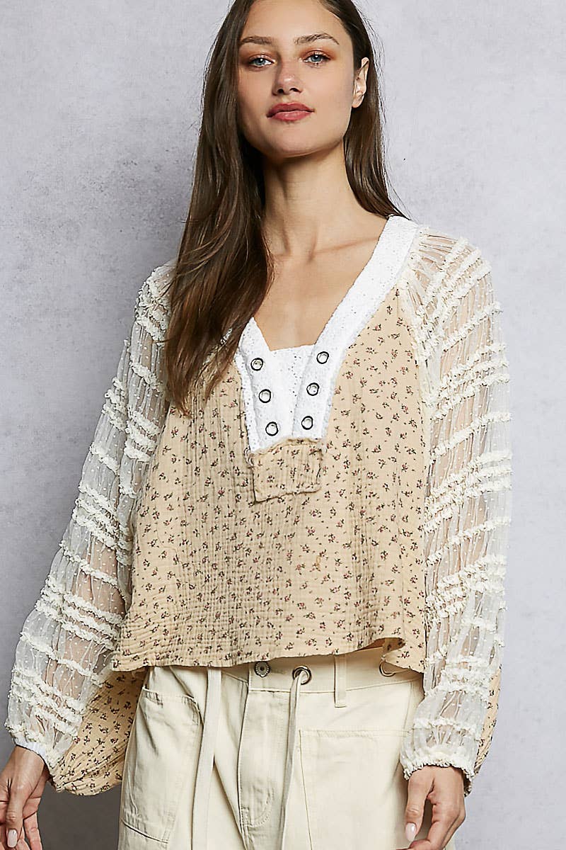 Long Sleeve V neck Lace Contrast Printed Woven Top