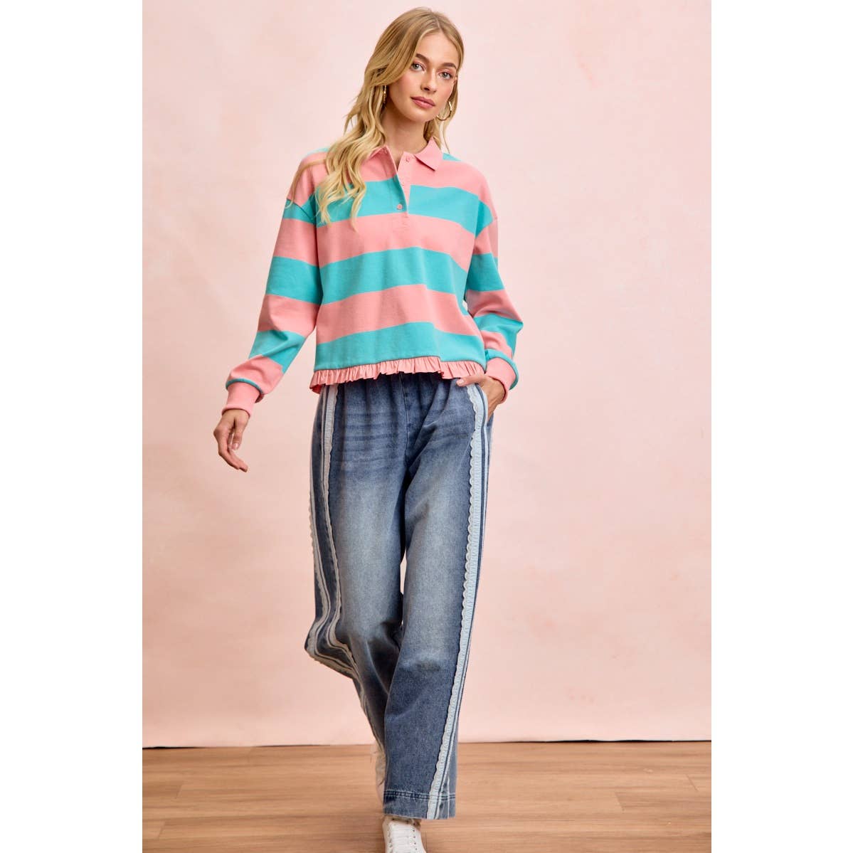 WASHED LACE CONTRAST SIDED DENIM PANTS