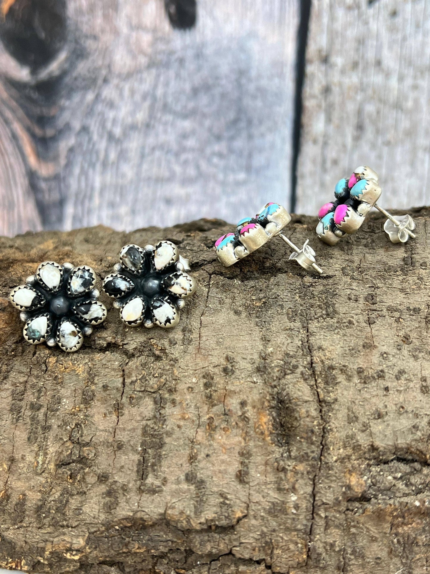 Handmade Sterling Silver White Buffalo, Cotton Candy Turquoise Studs with Signed Nizhoni