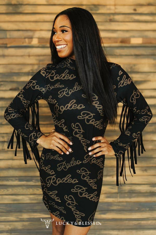 Black Rodeo Rope Printed Fringe Long Sleeve Dress