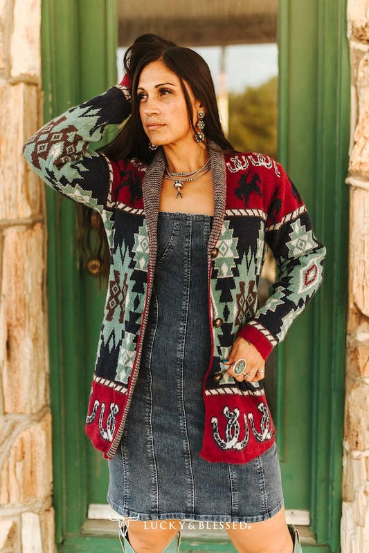 Burgundy Multi Aztec Knitted Cardgian Sweater