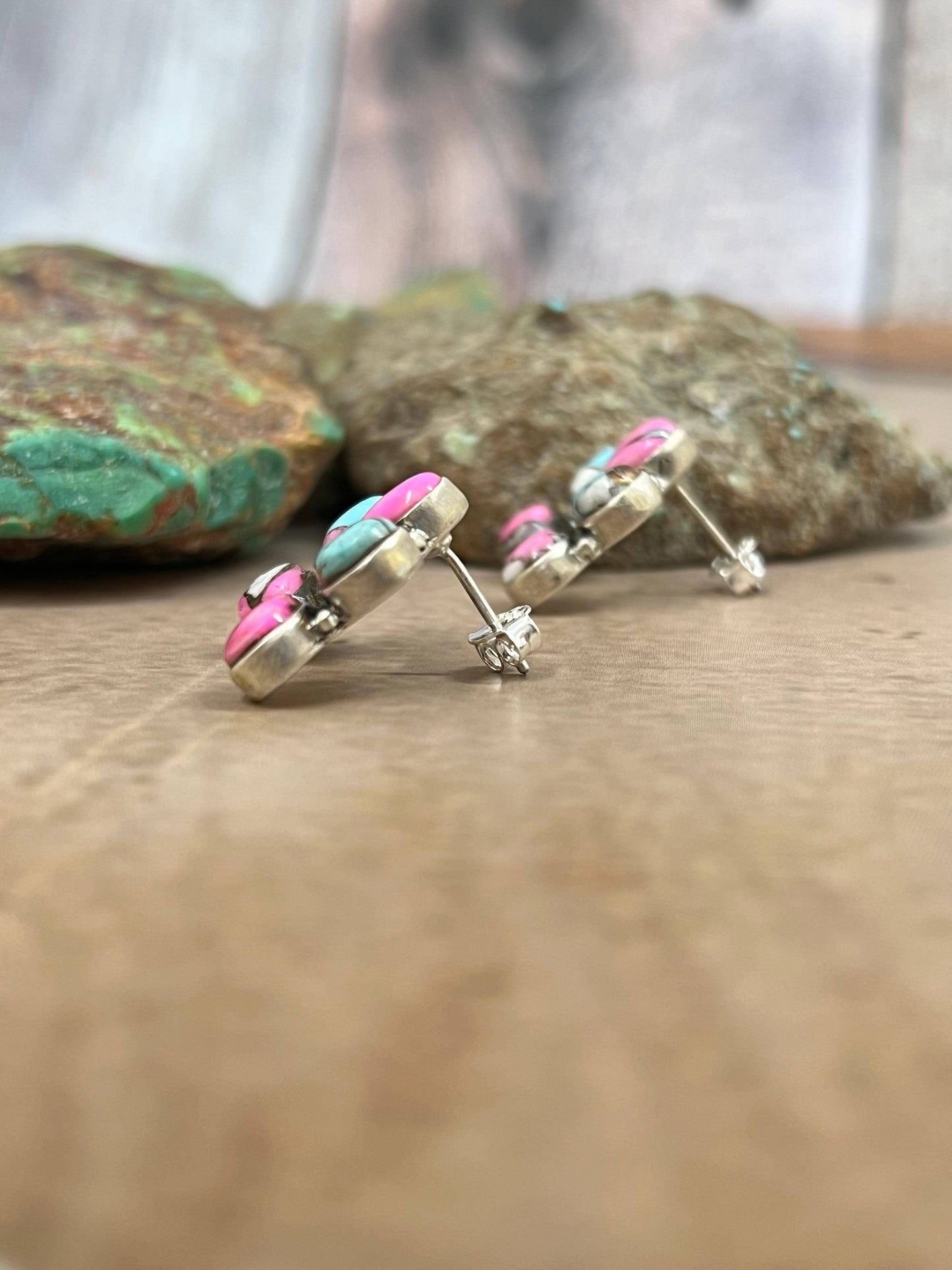 Handmade Sterling Silver Cotton Candy Turquoise Squash Blossom Post Earrings with Signed Nizhoni