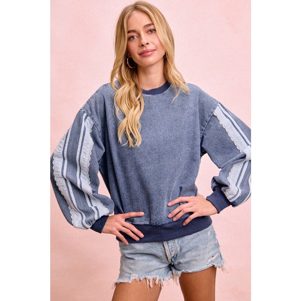 WASHED DENIM LACE CONTRAST SIDED SWEATSHIRT TOP