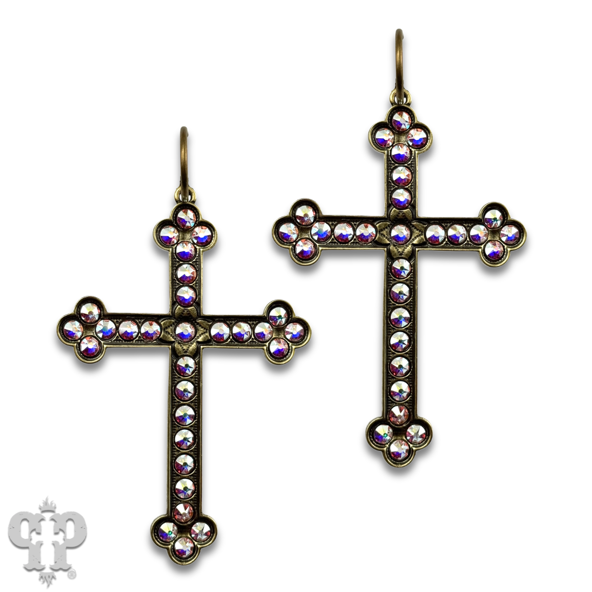 Large gold cross earring with Austrian crystals