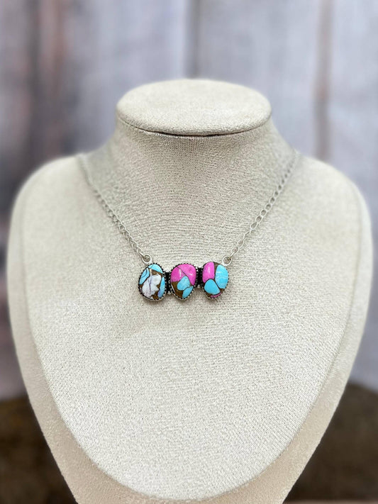 Handmade Sterling Silver Cotton Candy Turquoise Necklace with Signed Nizhoni