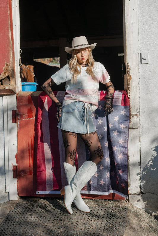 Western Flag Embroidery Crewneck Top