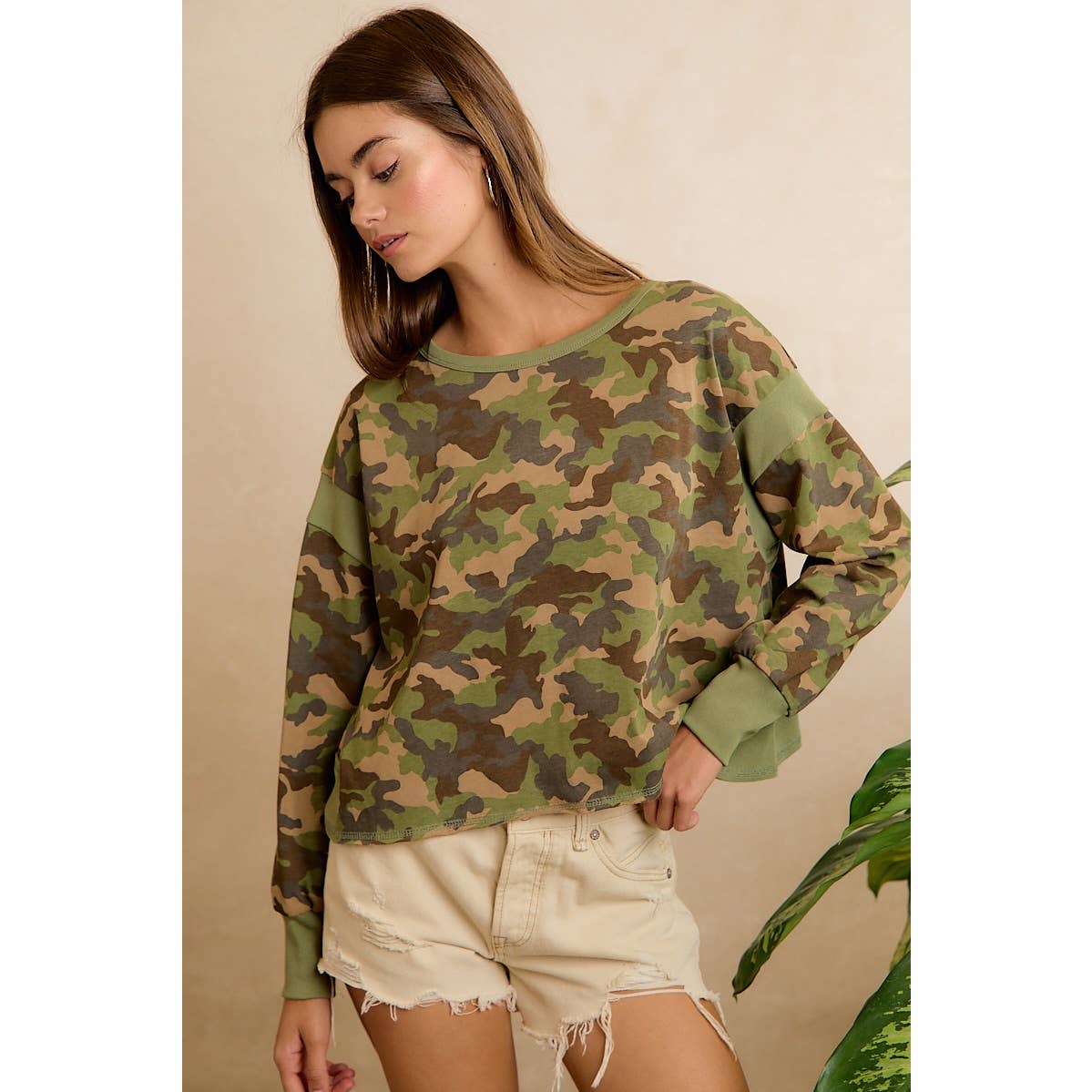 CAMO JERSEY OPEN BACK LONG SLEEVES TOP