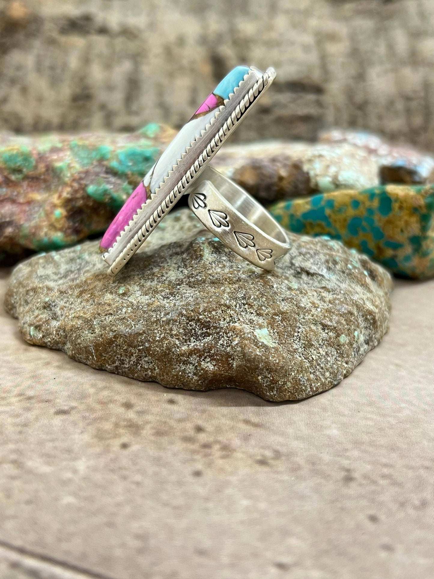 Handmade Sterling Silver Cotton Candy Turquoise Adjustable Ring with Signed Nizhoni