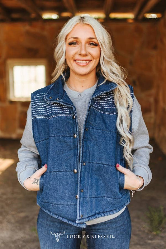 Denim Puffer Studded Button Down Vest