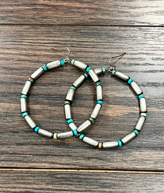 65mm Hoop, Cylindrical Navajo, Gemstone Earrings