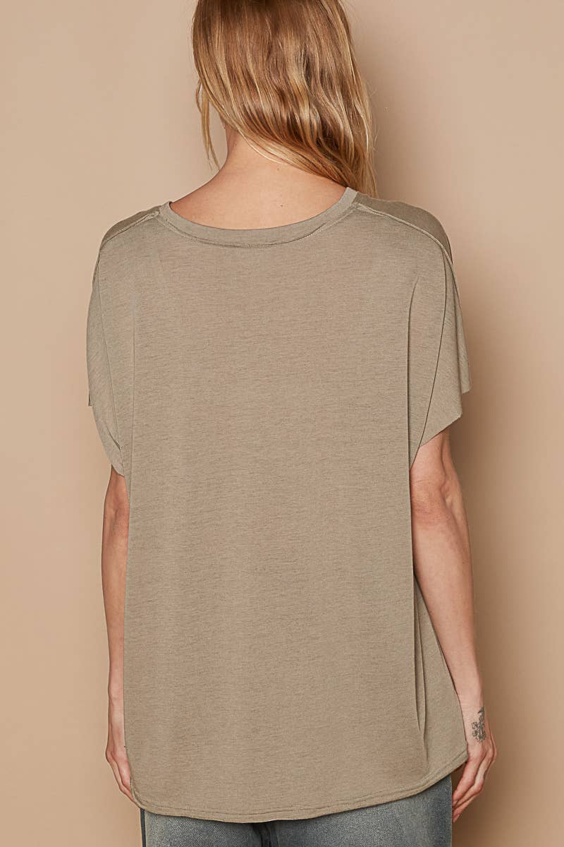 Oversized v-neck front pocket short sleeve solid top SALE