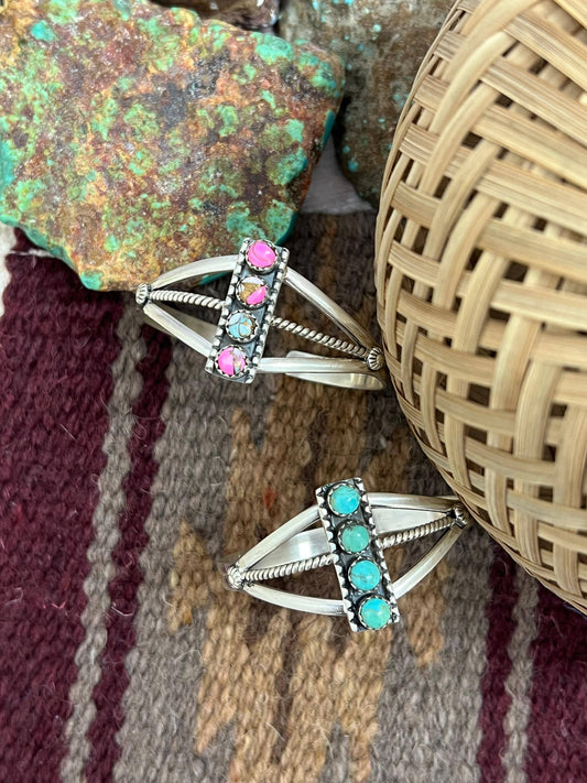Handmade Sterling Silver Cotton Candy, Kingman Turquoise Cuff Bracelet with Signed Nizhoni