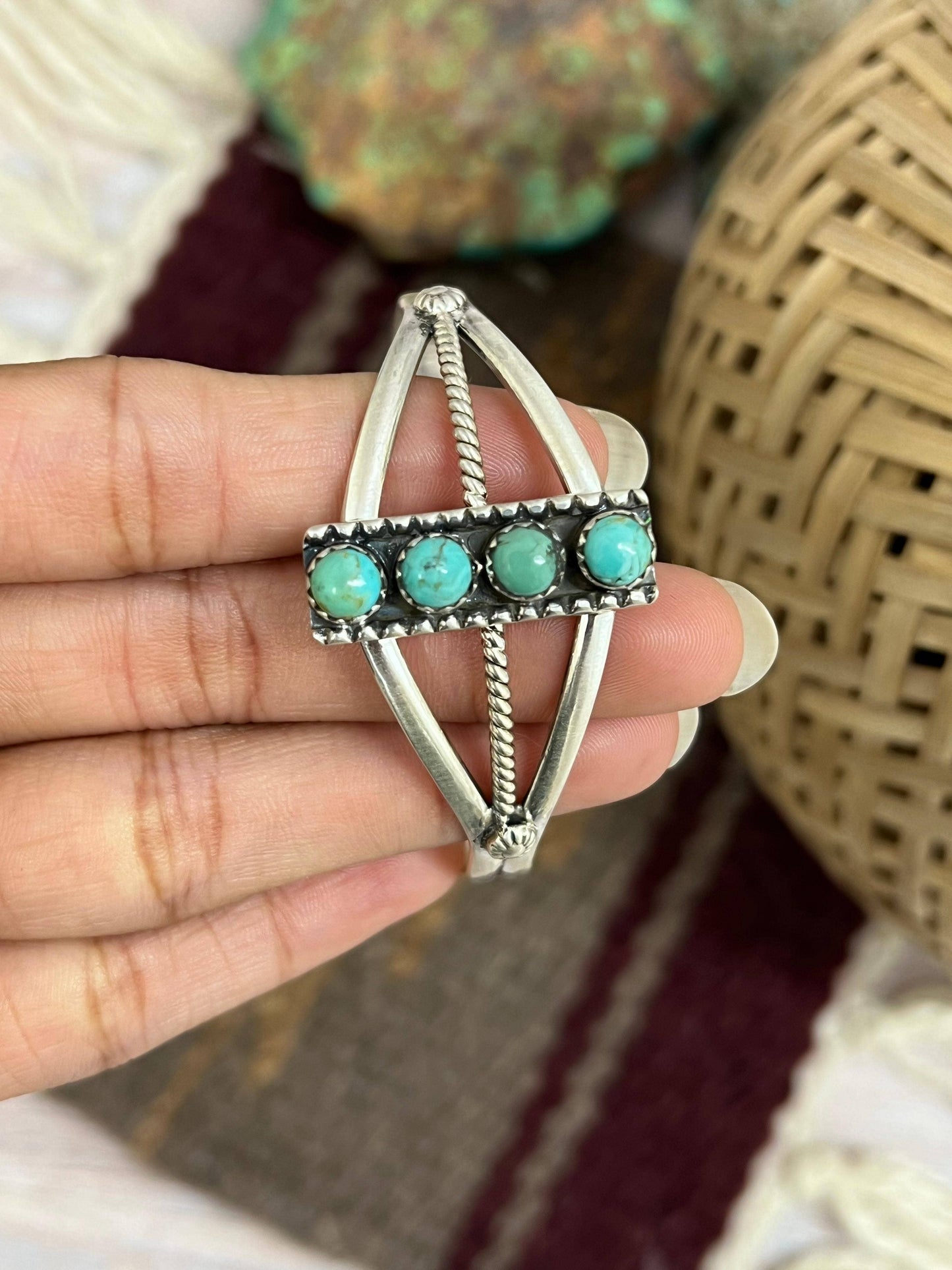 Handmade Sterling Silver Cotton Candy, Kingman Turquoise Cuff Bracelet with Signed Nizhoni