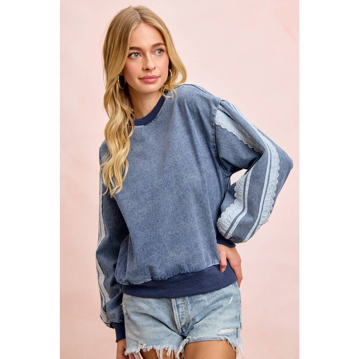 WASHED DENIM LACE CONTRAST SIDED SWEATSHIRT TOP