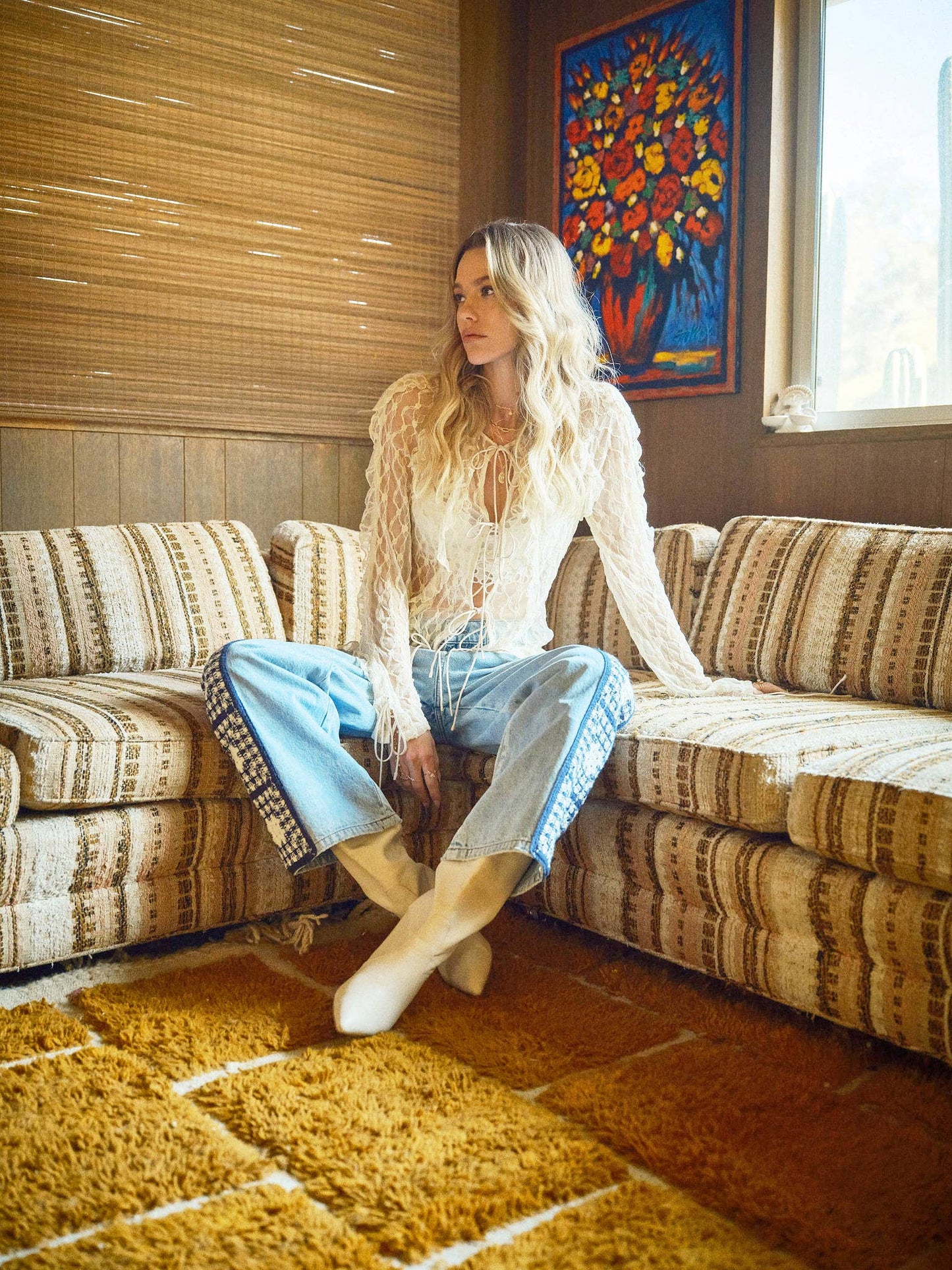 Sheer Ruffle Lace Tie Front Blouse