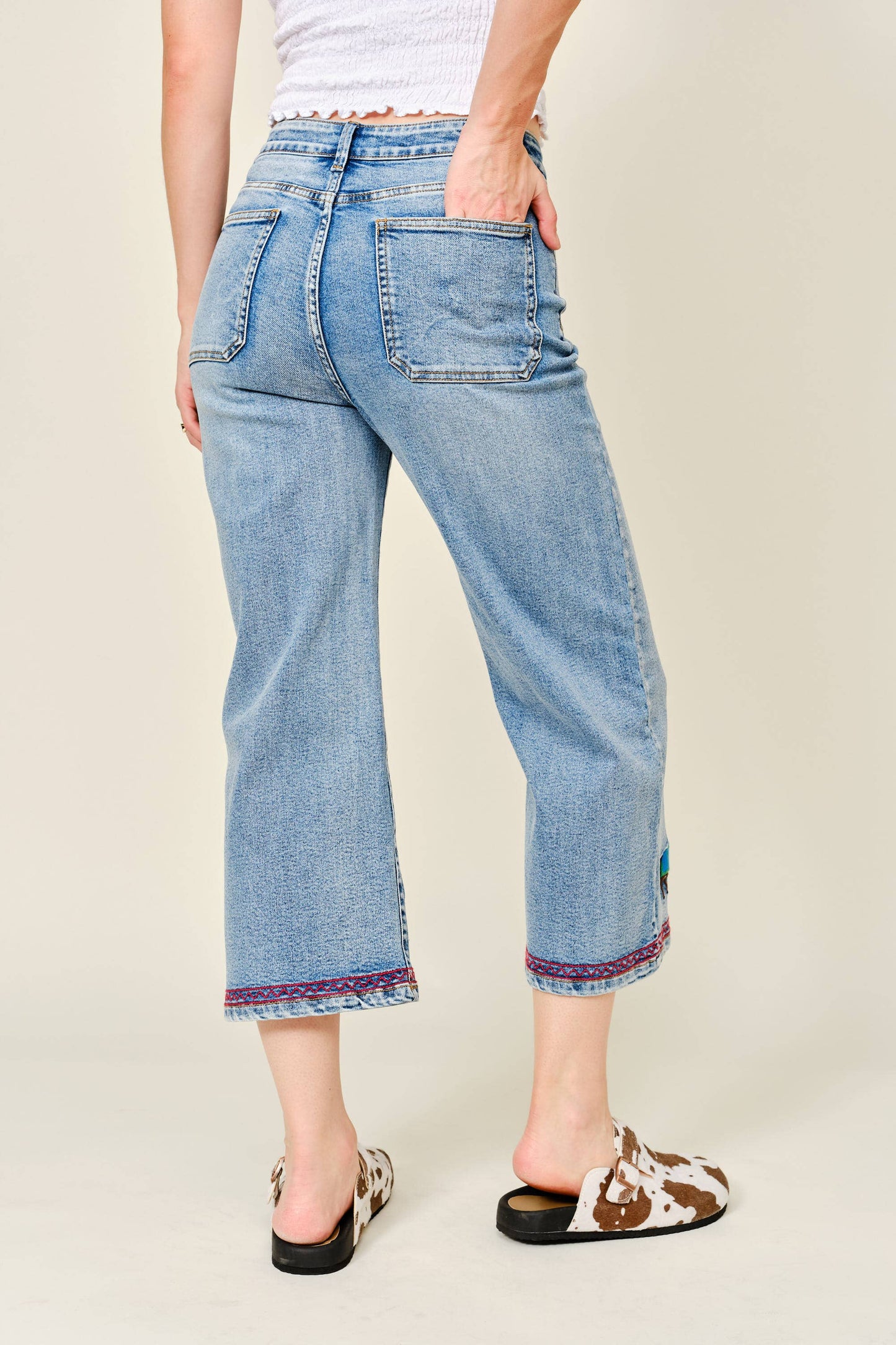 Horse Embroidered Cropped Denim