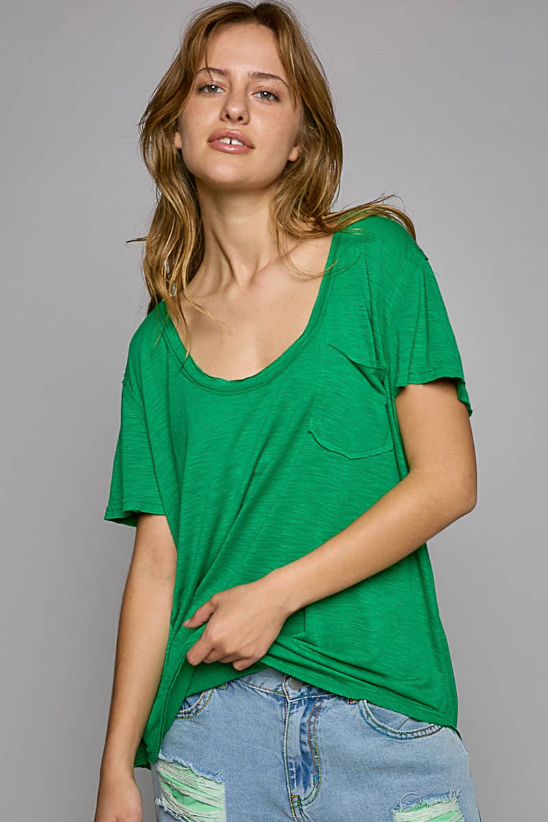 Scoop Neck Rayon Slub Tee with Pocket Front and Short Sleeve
