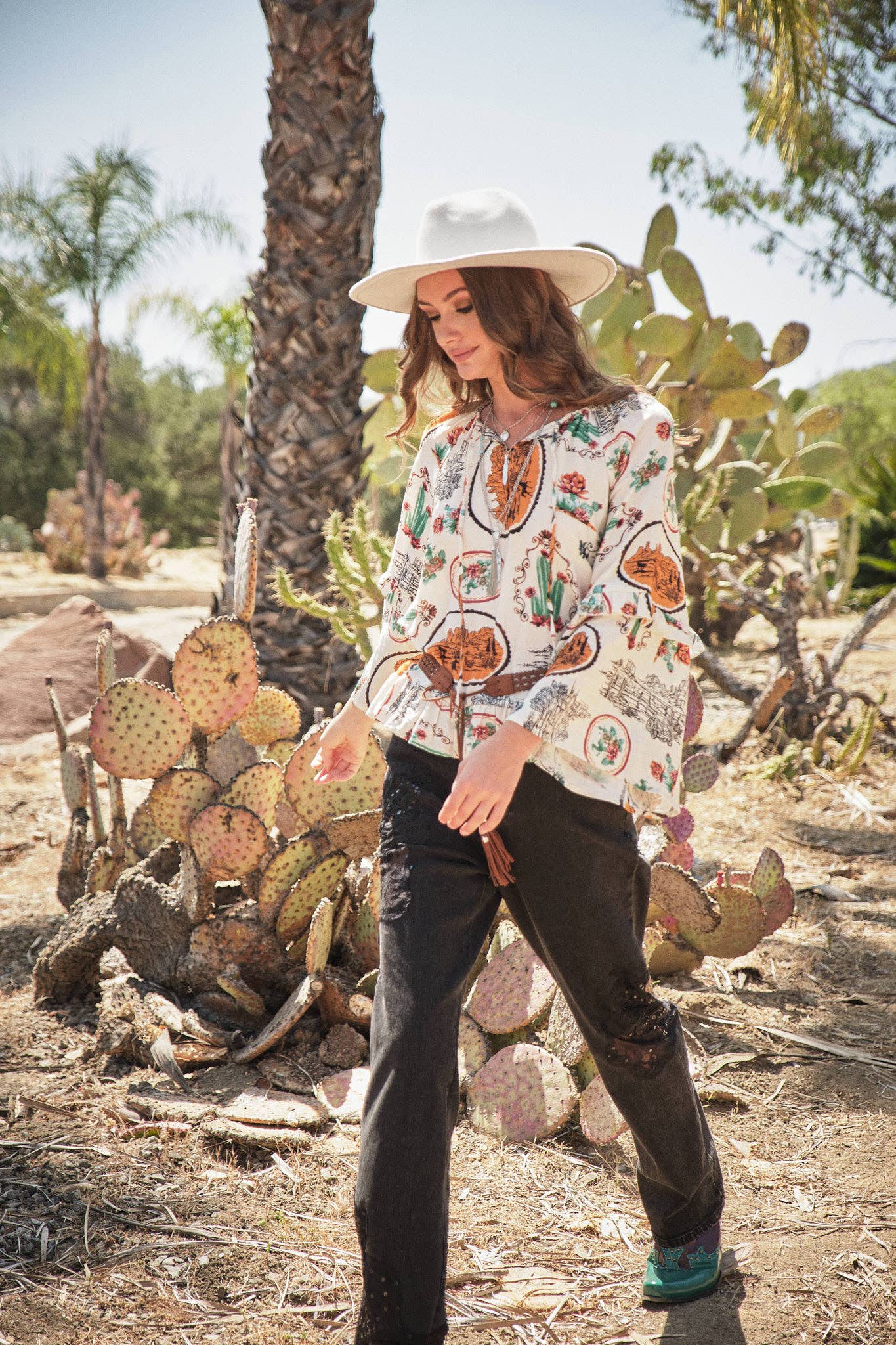 Western Print Peasant Blouse