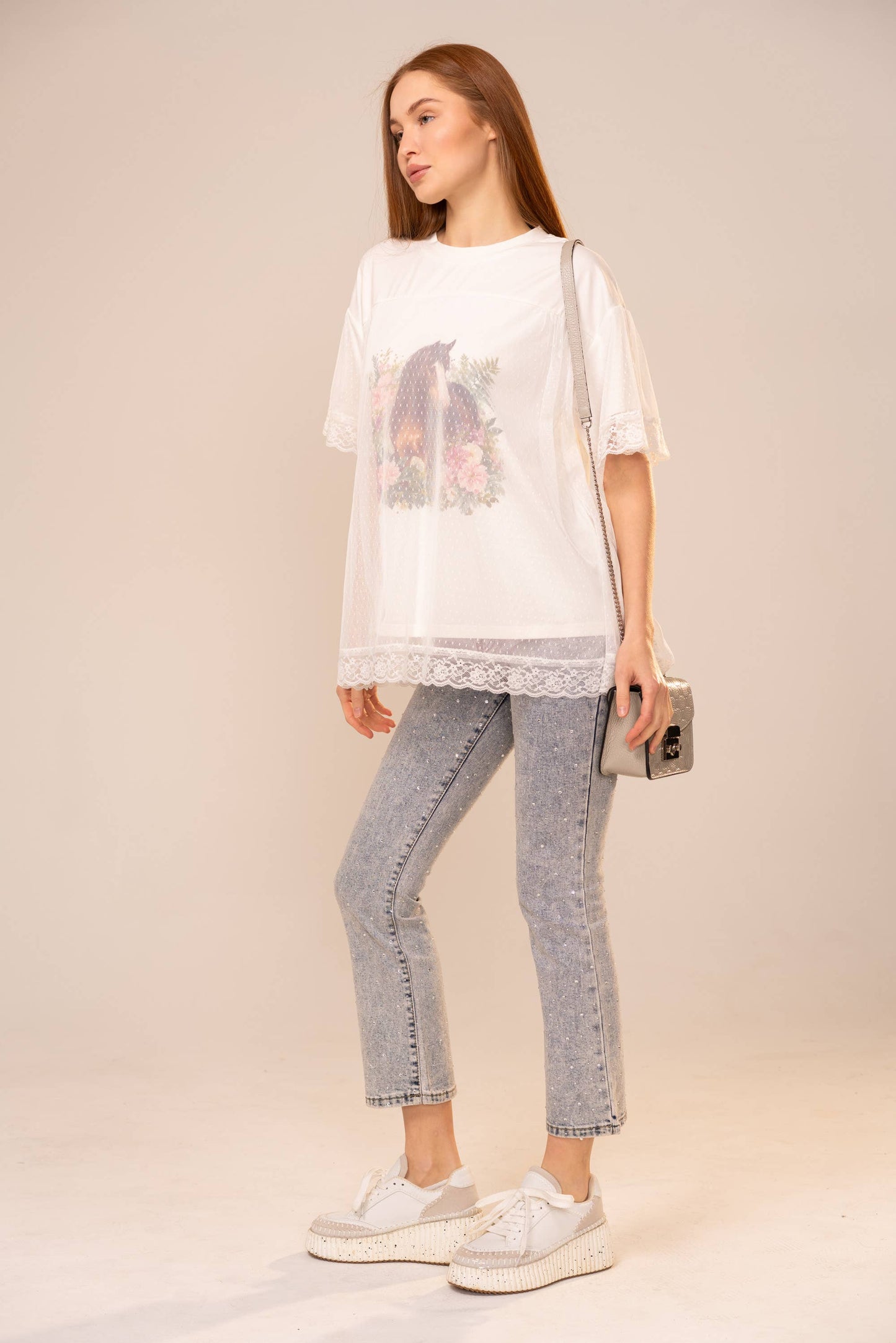Horse Print Mesh Lace Trim T-Shirt
