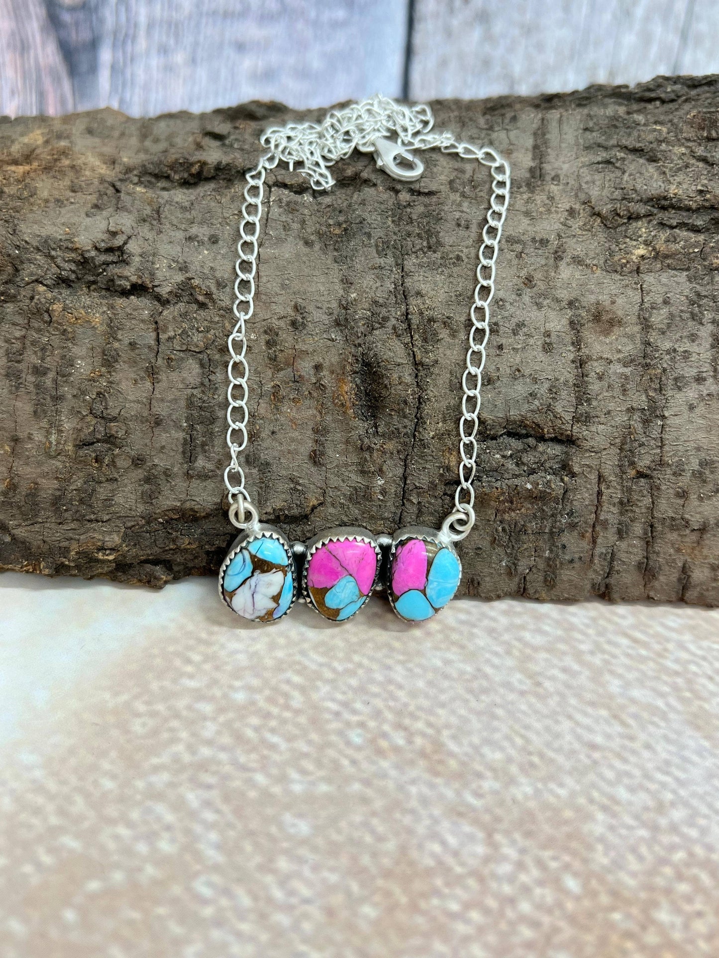 Handmade Sterling Silver Cotton Candy Turquoise Necklace with Signed Nizhoni