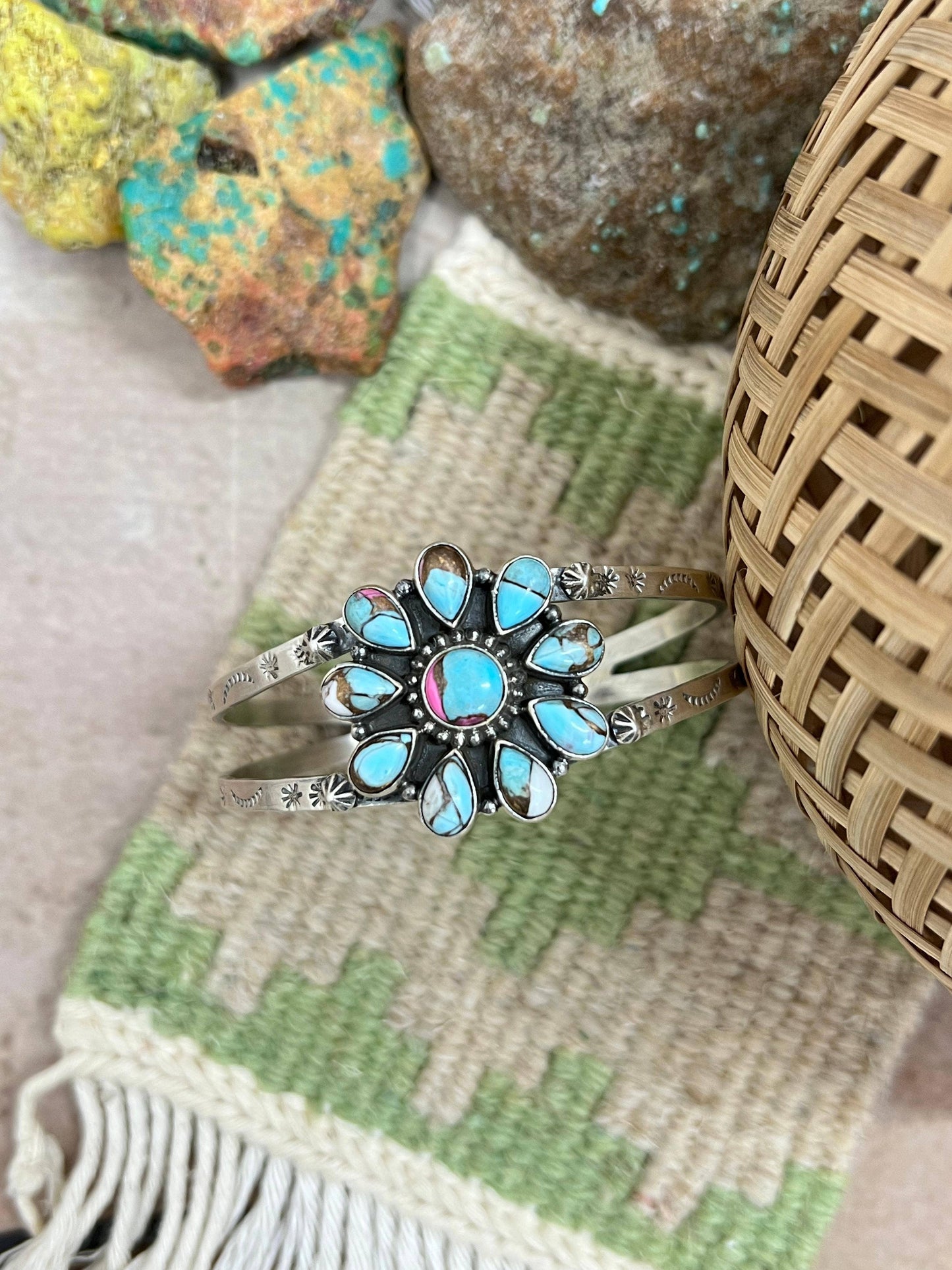 Handmade Sterling Silver Cotton Candy Turquoise Cuff Bracelet with Signed Nizhoni