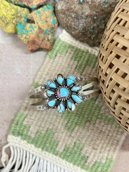 Handmade Sterling Silver Cotton Candy Turquoise Cuff Bracelet with Signed Nizhoni