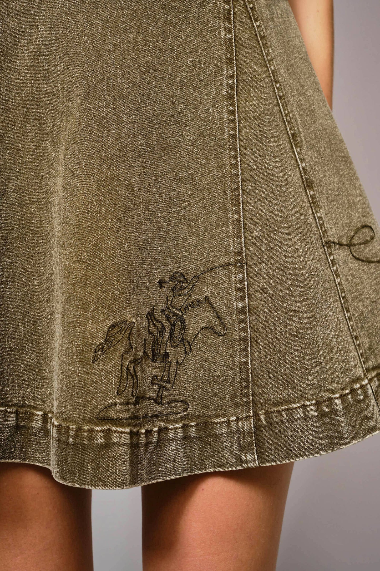 Washed Olive Embroidered Denim Minidress