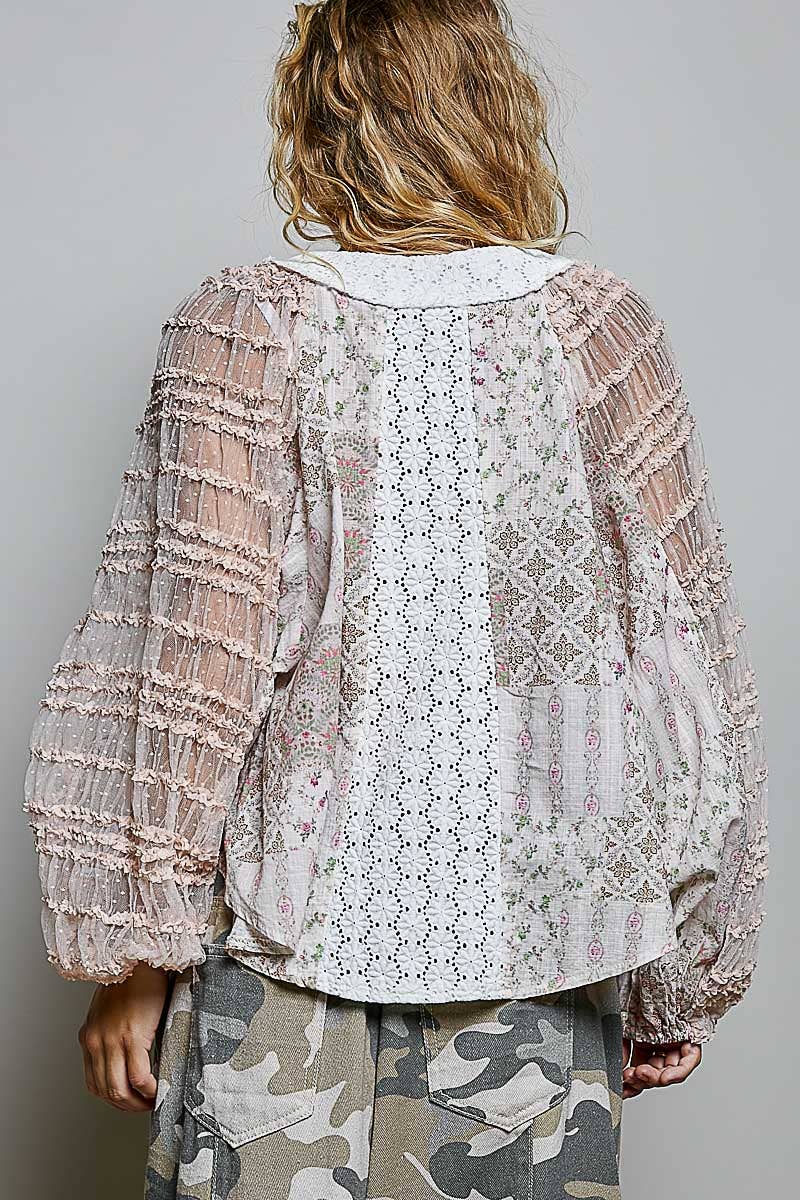 Long Sleeve V neck Lace Contrast Printed Woven Top