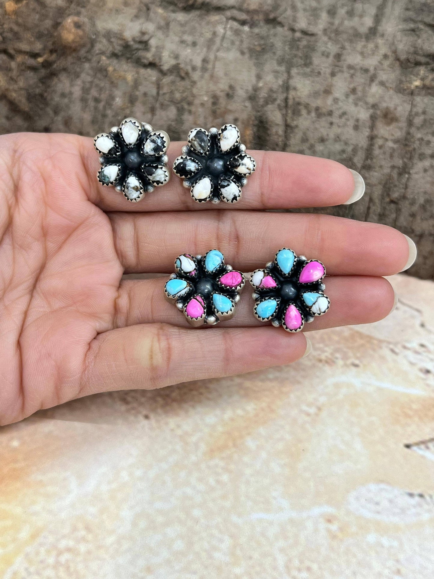 Handmade Sterling Silver White Buffalo, Cotton Candy Turquoise Studs with Signed Nizhoni